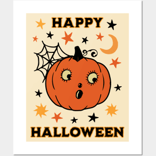 Vintage Happy Halloween Folk Art Retro Jack O Lantern Pumpkin Posters and Art